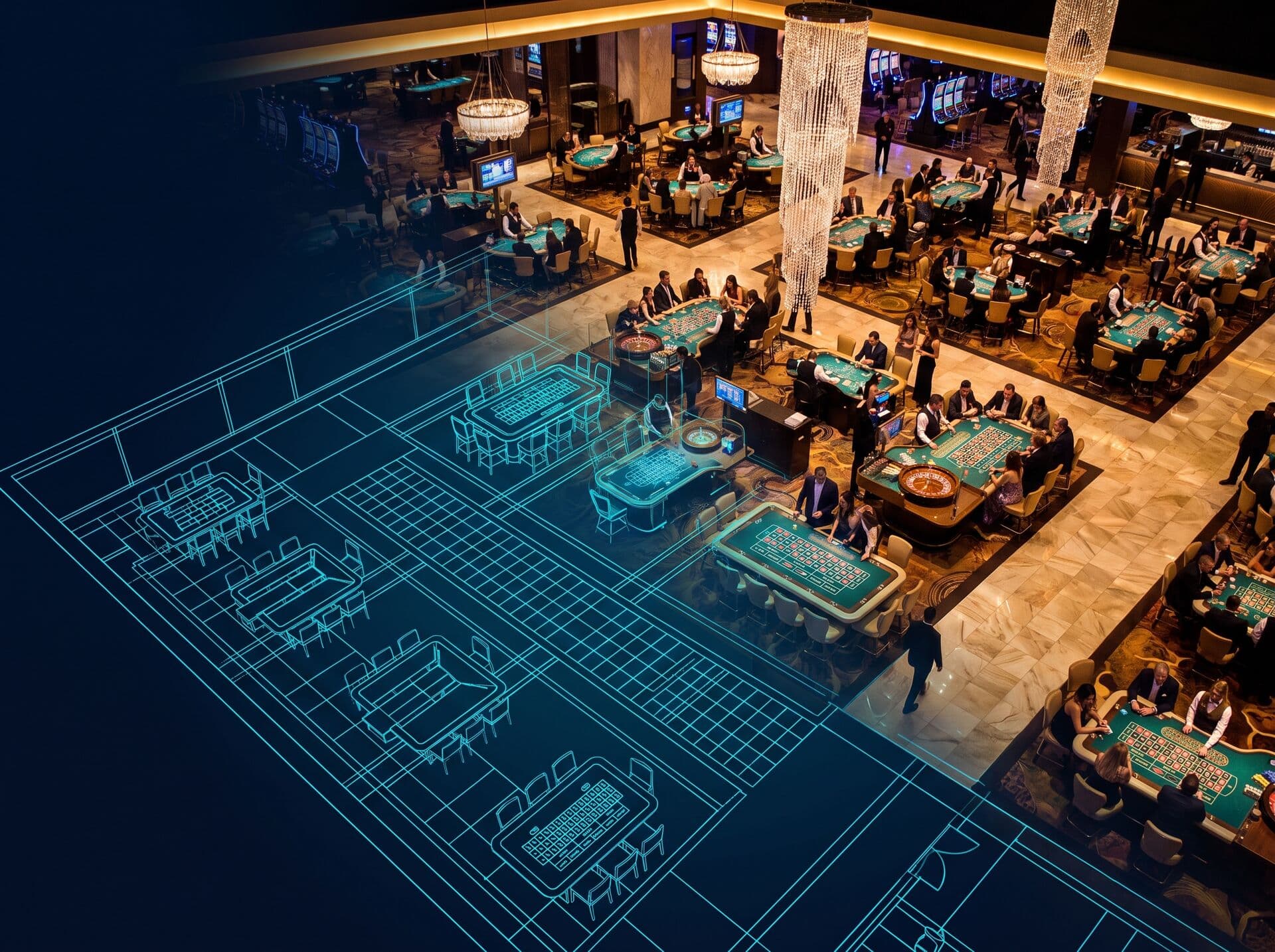 Overhead view of a live casino gaming floor overlaid with an architectural wireframe of the floor plan
