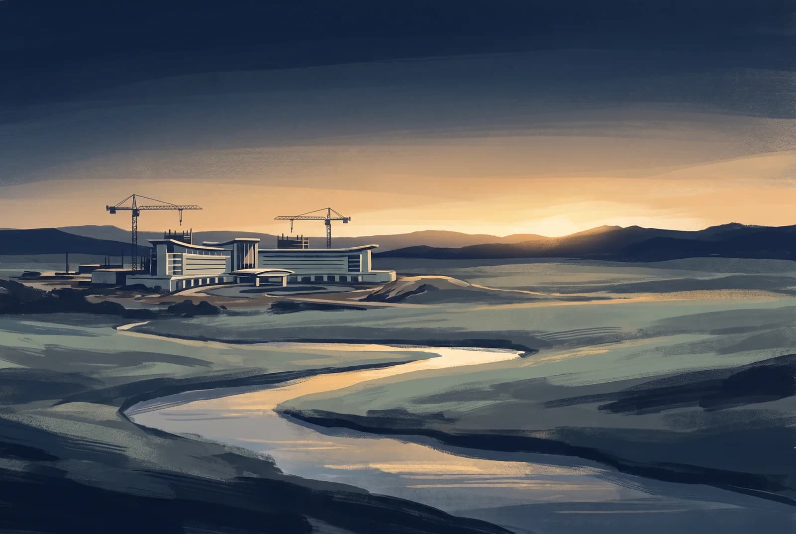 Editorial illustration of a casino-resort development rising beside a river valley at dawn
